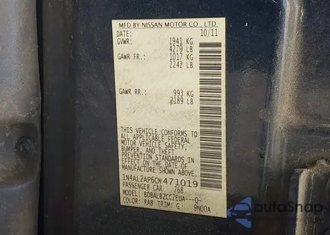 2012 Nissan Altima 2.5 S z USA, uszkodzony, nr VIN 1N4AL2AP6CN471019